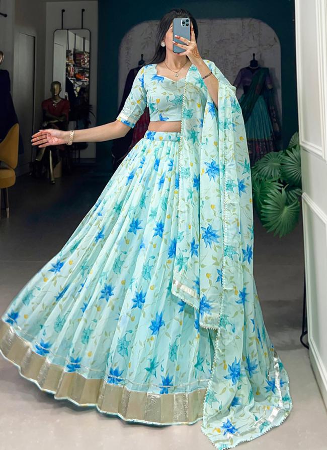 Tabby Silk Sky Blue Festival Wear Printed Lehenga Choli